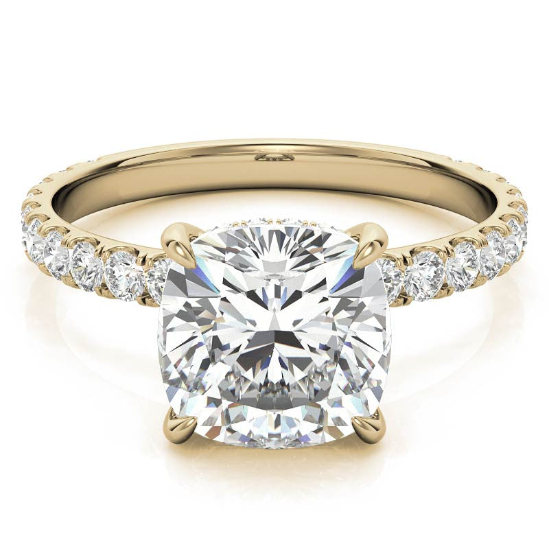 Cushion Moissanite Engagement Ring with Hidden Halo