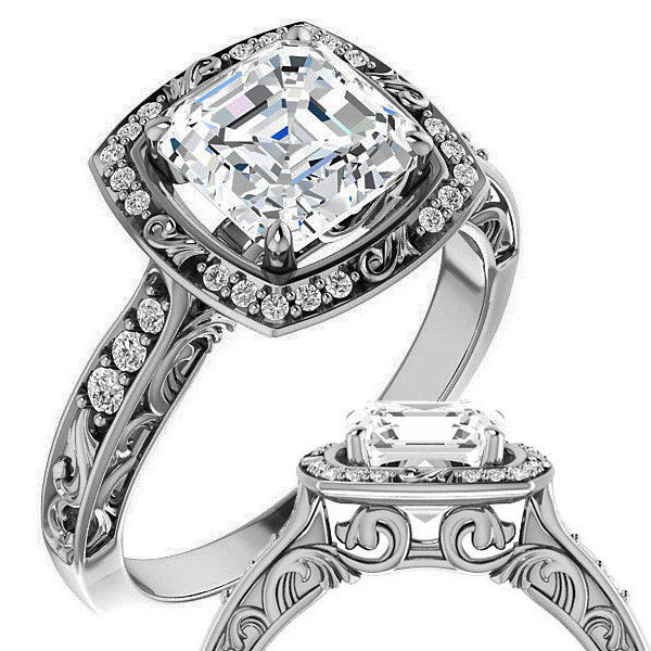 Moissanite Antique Scroll Halo Engagement Ring
