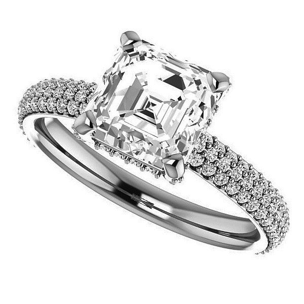 Asscher cut Moissanite Pave Style Engagement Ring