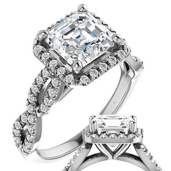 Asscher Moissanite Halo Engagement Ring with Twisted Band