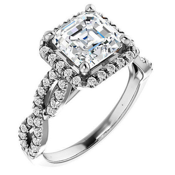 Asscher Moissanite Halo Engagement Ring with Twisted Band