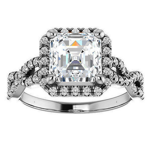 Asscher Moissanite Halo Engagement Ring with Twisted Band