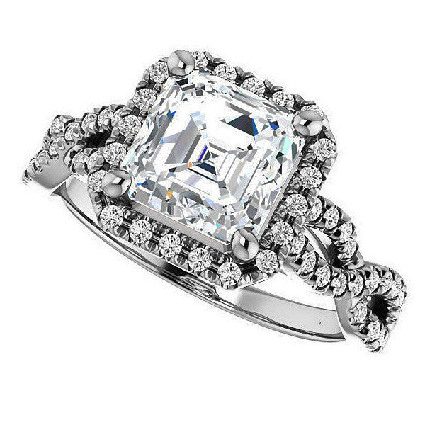 Asscher Moissanite Halo Engagement Ring with Twisted Band