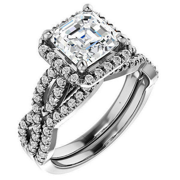 Asscher Moissanite Halo Engagement Ring with Twisted Band