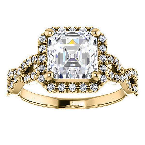 Asscher Moissanite Halo Engagement Ring with Twisted Band