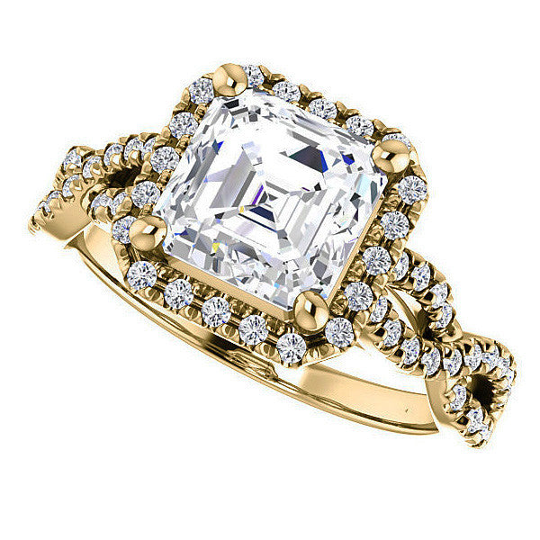 Asscher Moissanite Halo Engagement Ring with Twisted Band
