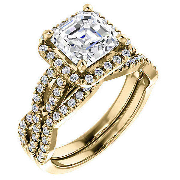 Asscher Moissanite Halo Engagement Ring with Twisted Band