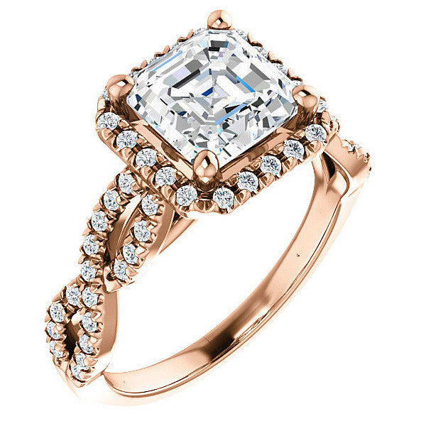 Asscher Moissanite Halo Engagement Ring with Twisted Band