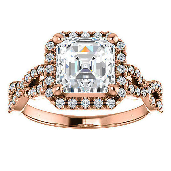 Asscher Moissanite Halo Engagement Ring with Twisted Band