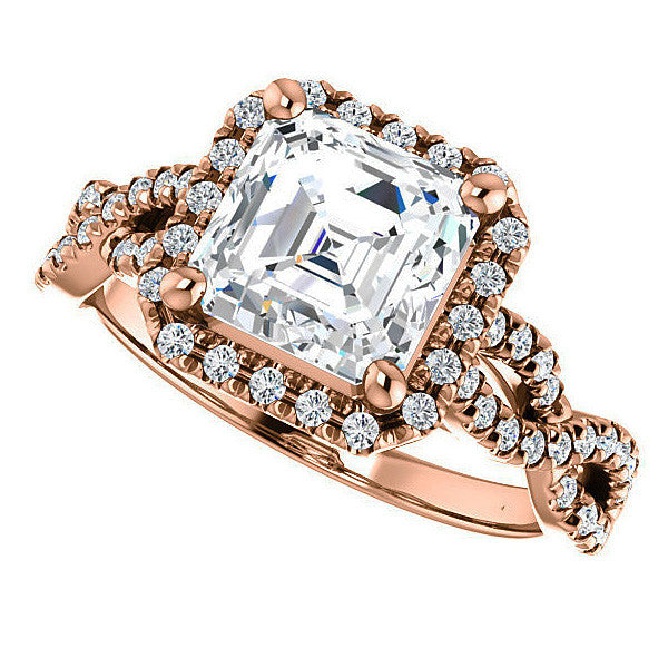 Asscher Moissanite Halo Engagement Ring with Twisted Band