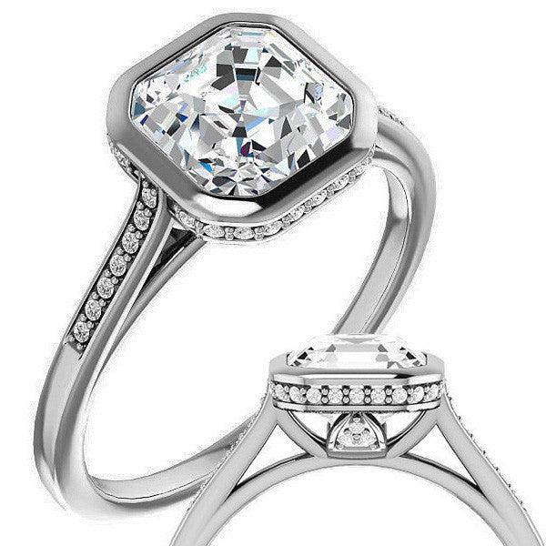 Petite Bezel Asscher cut Moissanite Engagement Ring