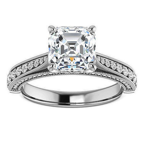 Asscher cut F Moissanite Milgrain Scroll Engagement Ring