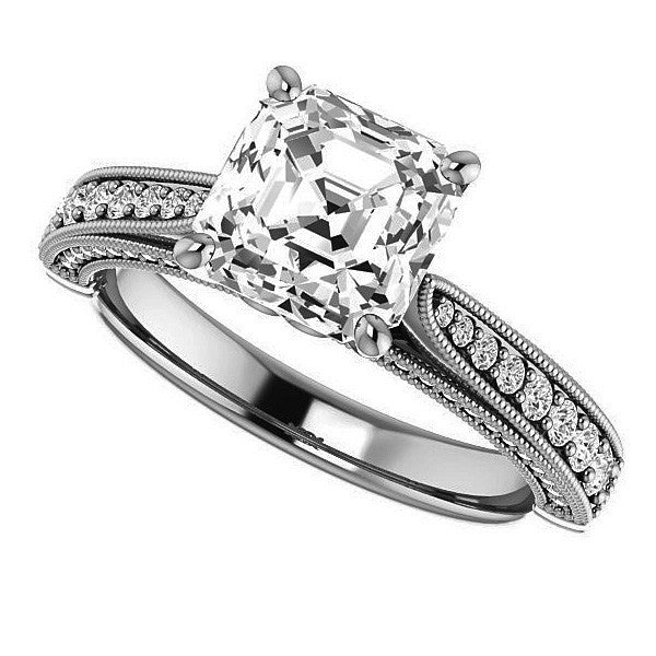 Asscher cut F Moissanite Milgrain Scroll Engagement Ring