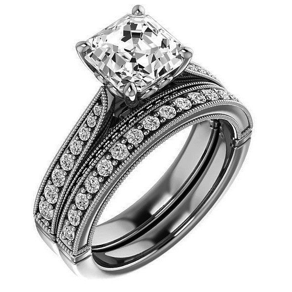 Asscher cut F Moissanite Milgrain Scroll Engagement Ring