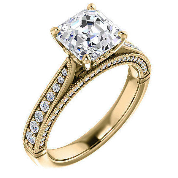 Asscher cut F Moissanite Milgrain Scroll Engagement Ring