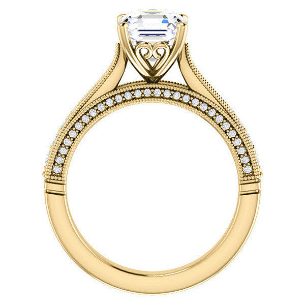 Asscher cut F Moissanite Milgrain Scroll Engagement Ring