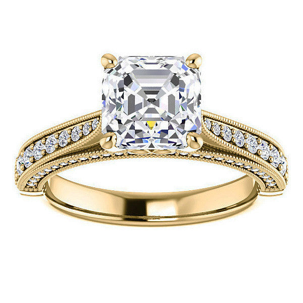 Asscher cut F Moissanite Milgrain Scroll Engagement Ring
