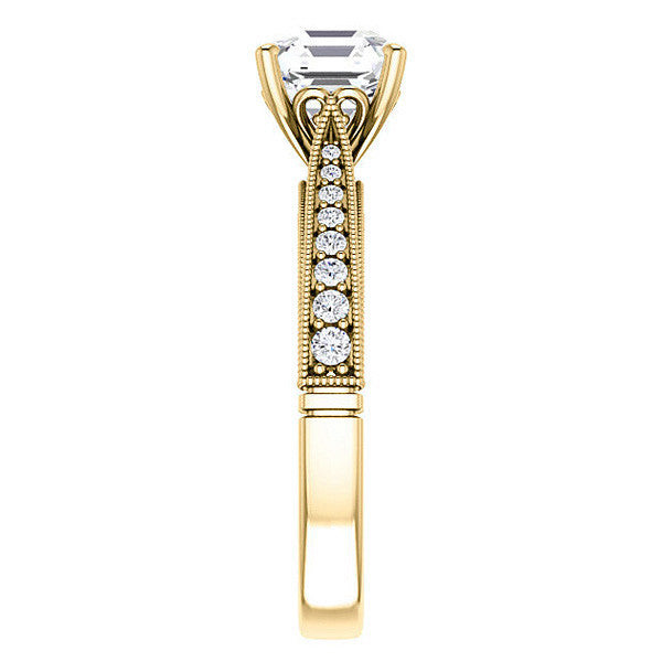 Asscher cut F Moissanite Milgrain Scroll Engagement Ring