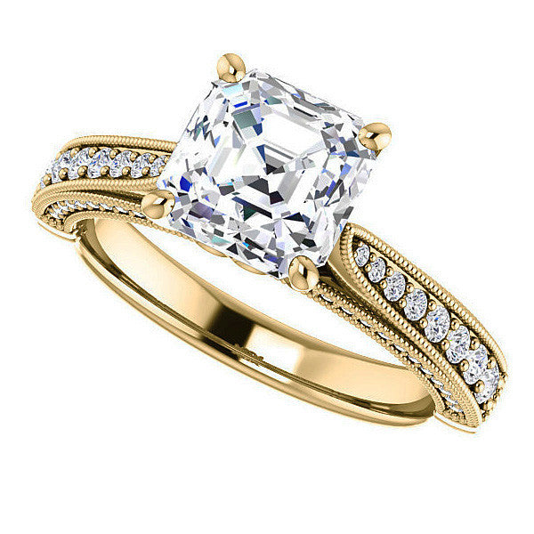 Asscher cut F Moissanite Milgrain Scroll Engagement Ring