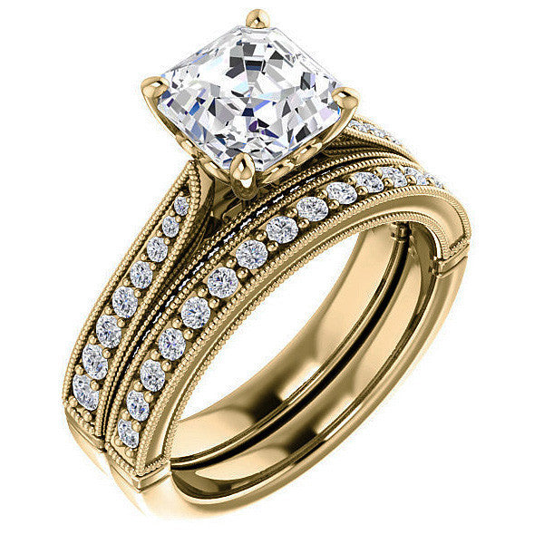 Asscher cut F Moissanite Milgrain Scroll Engagement Ring