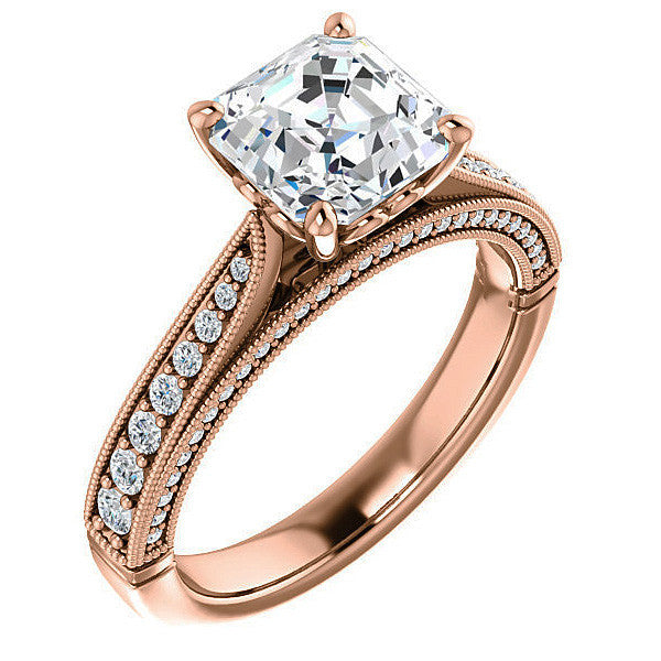 Asscher cut F Moissanite Milgrain Scroll Engagement Ring