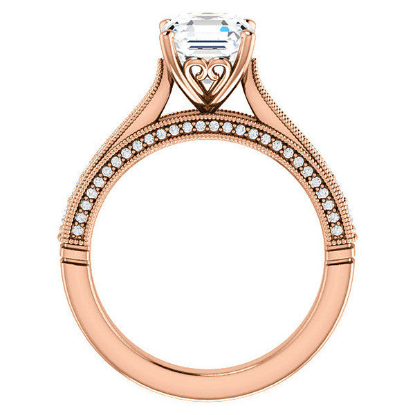 Asscher cut F Moissanite Milgrain Scroll Engagement Ring