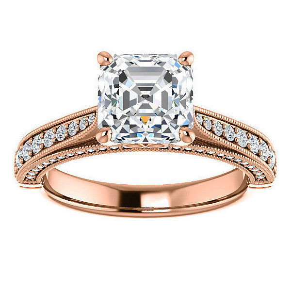 Asscher cut F Moissanite Milgrain Scroll Engagement Ring
