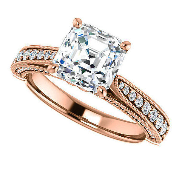 Asscher cut F Moissanite Milgrain Scroll Engagement Ring