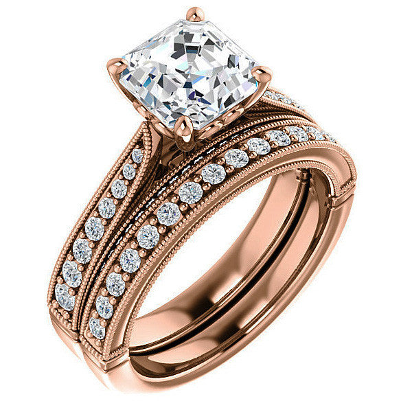 Asscher cut F Moissanite Milgrain Scroll Engagement Ring
