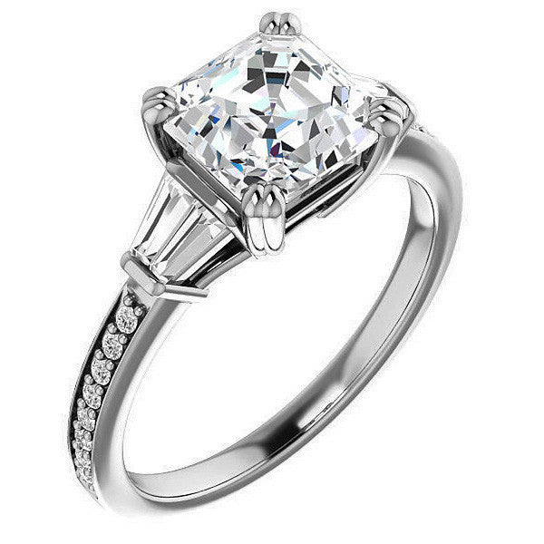 Asscher cut Moissanite & Diamond Baguette Engagement Ring