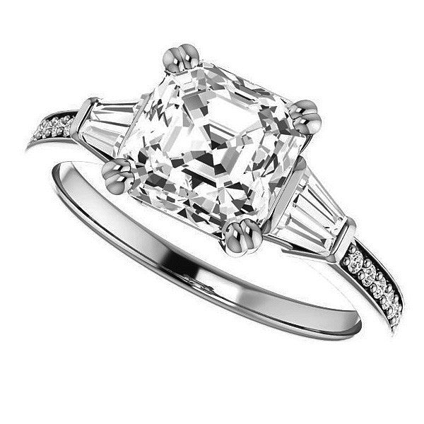 Asscher cut Moissanite & Diamond Baguette Engagement Ring