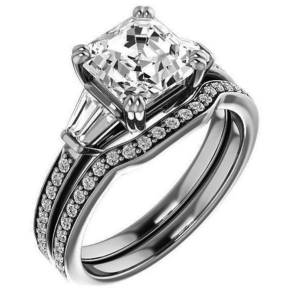 Asscher cut Moissanite & Diamond Baguette Engagement Ring
