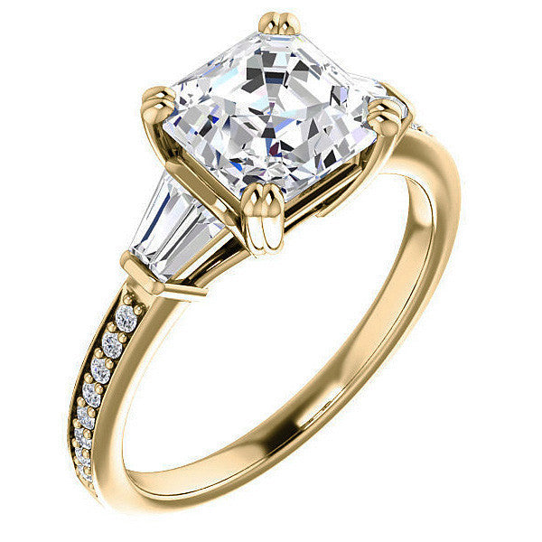Asscher cut Moissanite & Diamond Baguette Engagement Ring