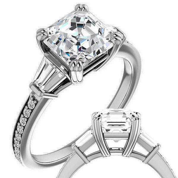 Asscher cut Moissanite & Diamond Baguette Engagement Ring