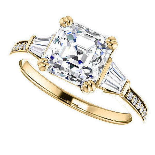 Asscher cut Moissanite & Diamond Baguette Engagement Ring
