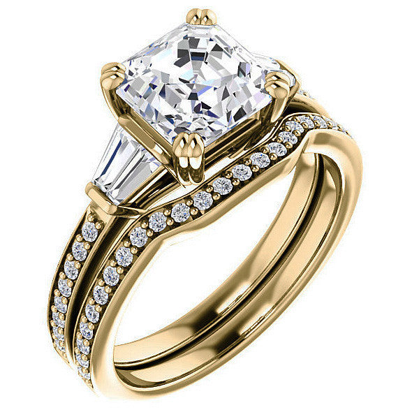 Asscher cut Moissanite & Diamond Baguette Engagement Ring