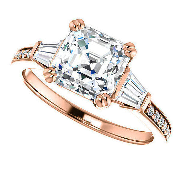 Asscher cut Moissanite & Diamond Baguette Engagement Ring