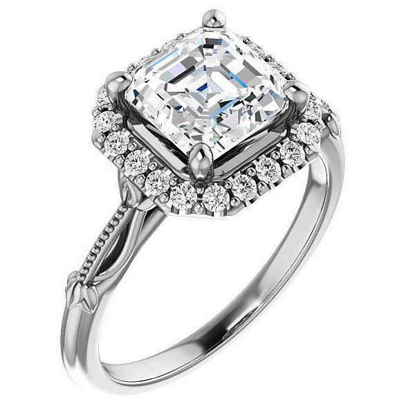 Halo & Floral Accents Asscher cut Moissanite Engagement Ring