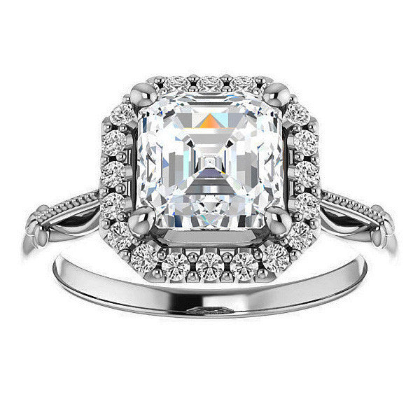 Halo & Floral Accents Asscher cut Moissanite Engagement Ring