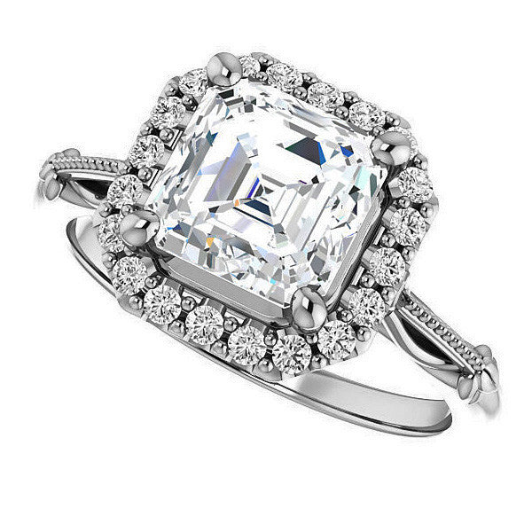 Halo & Floral Accents Asscher cut Moissanite Engagement Ring