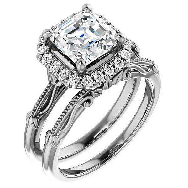 Halo & Floral Accents Asscher cut Moissanite Engagement Ring