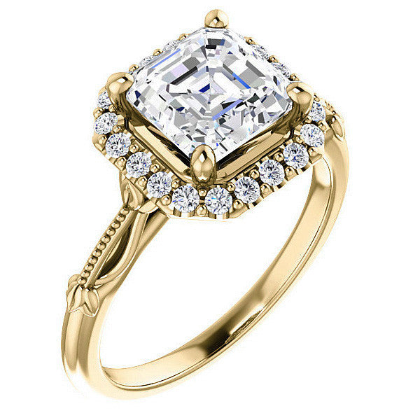 Halo & Floral Accents Asscher cut Moissanite Engagement Ring