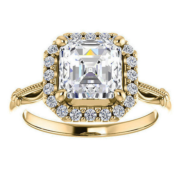 Halo & Floral Accents Asscher cut Moissanite Engagement Ring
