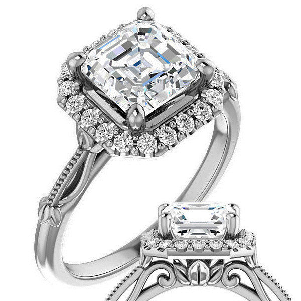 Halo & Floral Accents Asscher cut Moissanite Engagement Ring