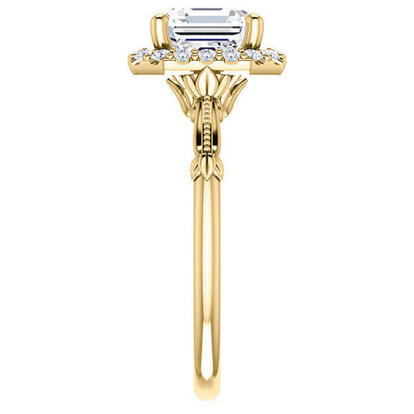 Halo & Floral Accents Asscher cut Moissanite Engagement Ring