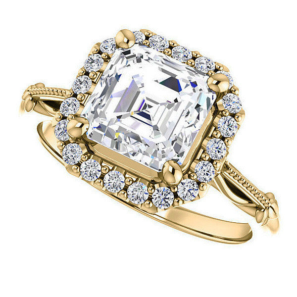 Halo & Floral Accents Asscher cut Moissanite Engagement Ring