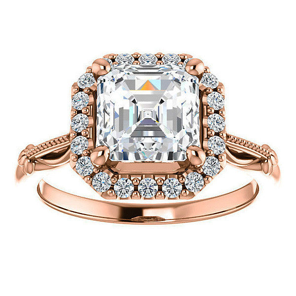 Halo & Floral Accents Asscher cut Moissanite Engagement Ring