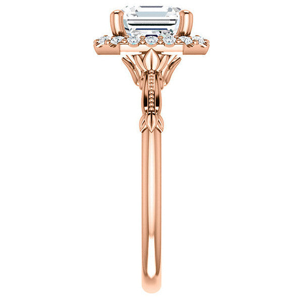 Halo & Floral Accents Asscher cut Moissanite Engagement Ring