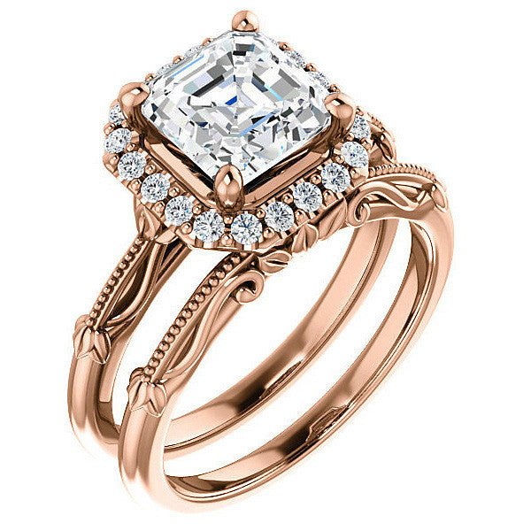 Halo & Floral Accents Asscher cut Moissanite Engagement Ring