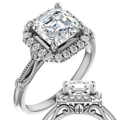 Halo & Floral Accents Asscher cut Moissanite Engagement Ring